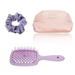 Janeke Szczotka do włosów SUPERBRUSH Normal liliowa + Almania gumka do włosów + MINTI Collection Small Pillow Puff Bag Light Pink Miękka kosmetyczka