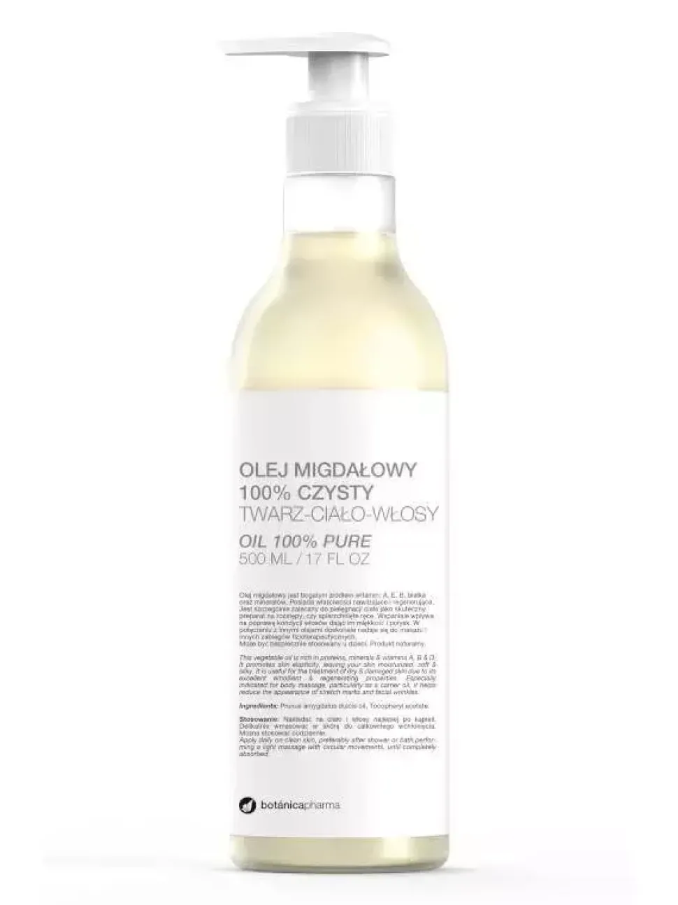 Olej migdałowy 100% czysty do twarzy ciała i włosów pompka 500ml